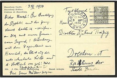 40 øre Karavel single på brevkort annulleret med forsøgs maskinstempel København *OMK* d. 3.9.1934 til Dresden, Tyskland.