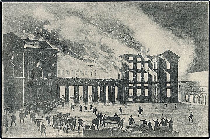 Købh., Christiansborg branden set fra Ridebanen i 1884. Dansk Industri no. 49. Kvalitet 9