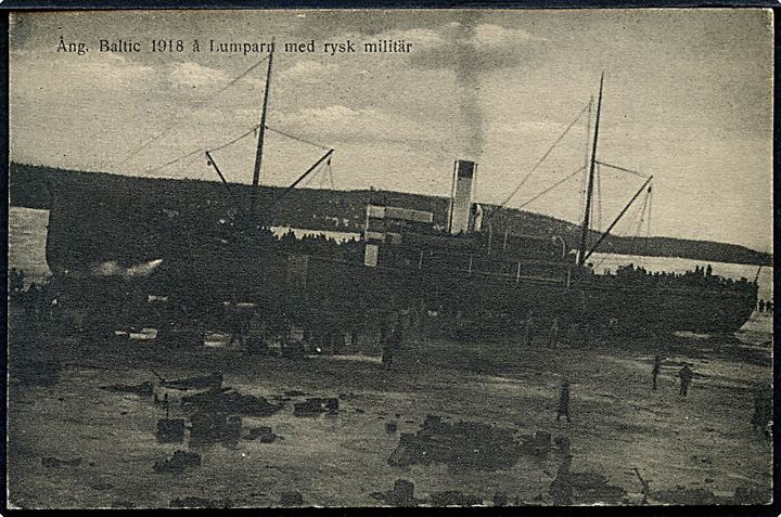 Åland 1918. Russiske dampskib “Baltic” ved Lumparn. Medfølger defekt kort med bolcheviker i Mariehamn.  Kvalitet 8