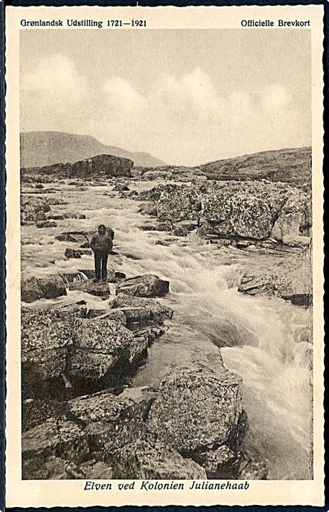 Elven ved Kolonien Julianehaab. Grønlandsk Udstilling 1721-1921. Foto Dr. Krabbe. Stenders u/no.