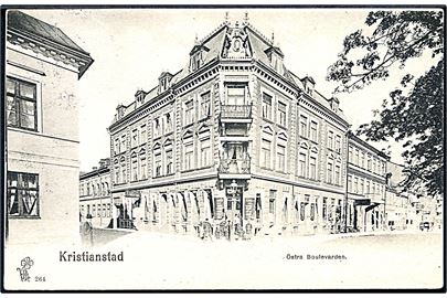 Kristianstad, Östra Boulevard. P. Alstrup no. 264. Frankeret med dansk 5 øre Bølgelinie med perfin D (Københavns Laane- og Diskontobank) fra Kjøbenhavn 1913 til Göteborg, Sverige.