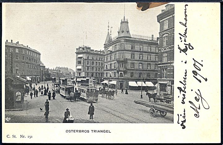 København, Østerbro, Trianglen med sporvogne. Stenders no. 151.