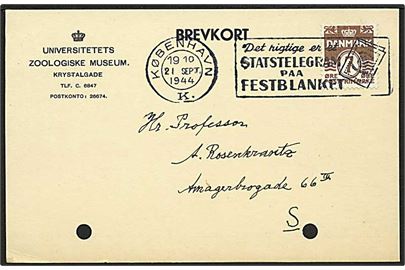 7 øre Bølgelinie på lokalt brevkort i København d. 21.9.1944. Arkiv huller.