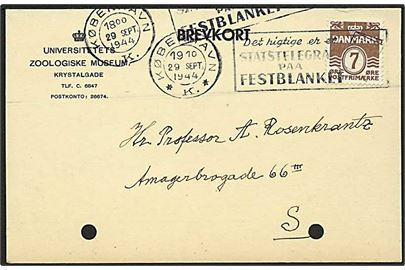 7 øre Bølgelinie på lokalt brevkort i København d. 29.9.1944. Arkivhuller.