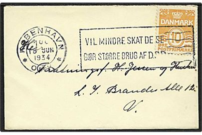 10 øre Bølgelinie single på lille lokalbrev i København d. 16.6.1934.