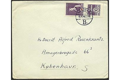 10+5 øre Røde Kors og 10 øre Bølgelinie i sammentryk på brev stemplet Randers B. d. 10.11.1940 til København.