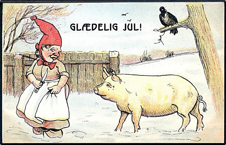 Ludvig Møgelgaard: Glædelig Jul. Nisse mor vil slagte gris. M. G., serie 105 no. 4. 