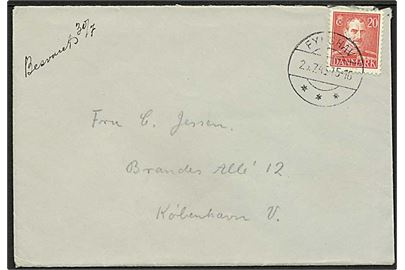 20 øre Chr. X på brev annulleret med brotype IIc stempel Fynshav d. 26.7.1945 til København.