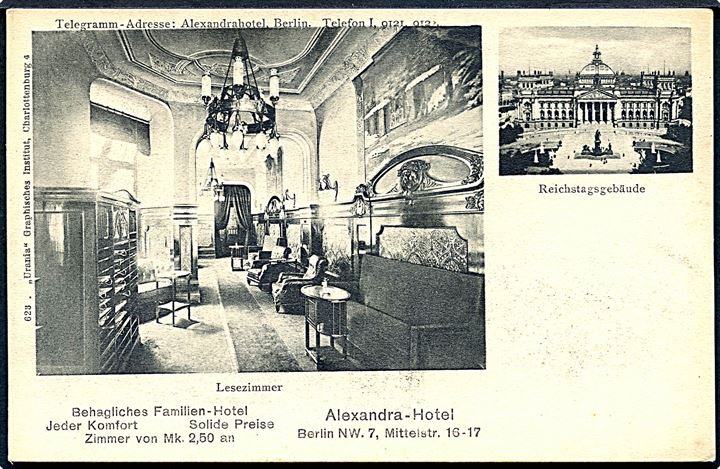 Tyskland. Aelxandra Hotel, Berlin. Lesezimmer. Reklamekort. Urania no. 623. 