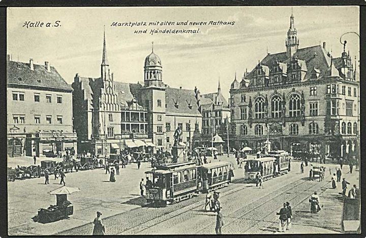 Sporvogne paa markedspladsen i Halle, Tyskland. M. Scholz no. 820.