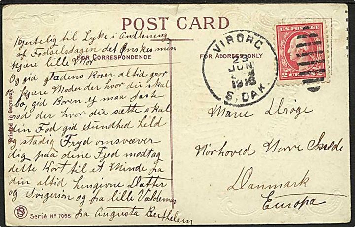 Amerikansk 2 cents Washington på brevkort stemplet Viborg S.Dak. d. 23.6.1916 til Nr. Snede, Danmark.