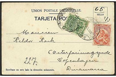 3 c. blandingsfrankeret brevkort fra Montevideo 1909 til København, Danmark.