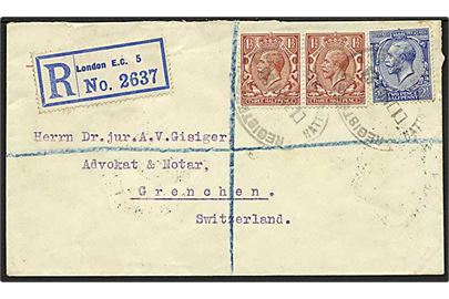 1½d (par) og 2½d George V på anbefalet brev fra London d. 1.11.1923 til Grenchen, Schweiz.