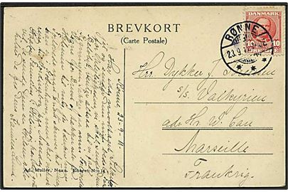 10 øre Fr. VIII på brevkort fra Rønne d. 23.9.1911 til dykker ombord på Em. Z. Svitzer's bjærgningsdamper S/S Valkyrien c/o reder i Marseille, Frankrig.
