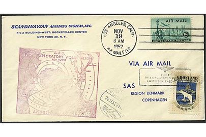 Amerikansk 15 cents luftpost og Grønlandshjælpen mærkat på SAS første flyvningskuvert fra Los Angeles d. 19.11.1952 til København.