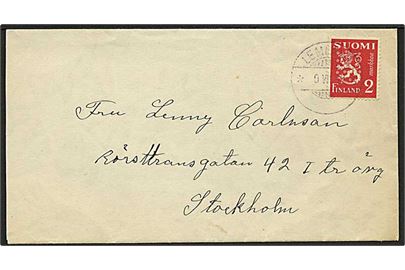 Åland. Finsk 2 mk. Løve på brev annulleret med udslebet stempel Lemland d. 9.7.1938 til Stockholm, Sverige.