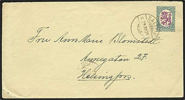Åland. Finsk 1½ mk. Løve udg. på brev annulleret med udslebet stempel Saltvik d. 29.12.1926 til Helsingfors.