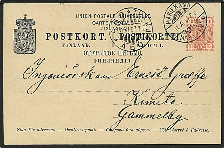 Åland. Finsk 10 pen. helsagsbrevkort annulleret med 2-sproget stempel Mariehamn d. 16.11.1897 via Åbo til Kimito pr. Gammelby.