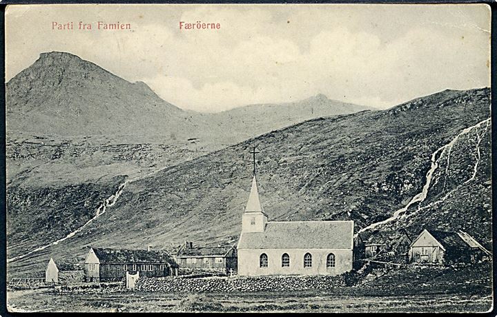 Færøerne, parti fra Famien. U/no. Frankeret med 5 øre Bølgelinie stemplet Trangisvaag d. 17.2.1914 til Pejrup.
