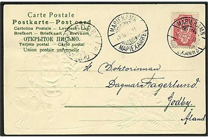 Åland. Finsk 10 pen. Våben på brevkort annulleret med 2-sproget stempel Mariehamn d. 18.12.1910 til Godby på Åland. 2-sproget ank.stempel.