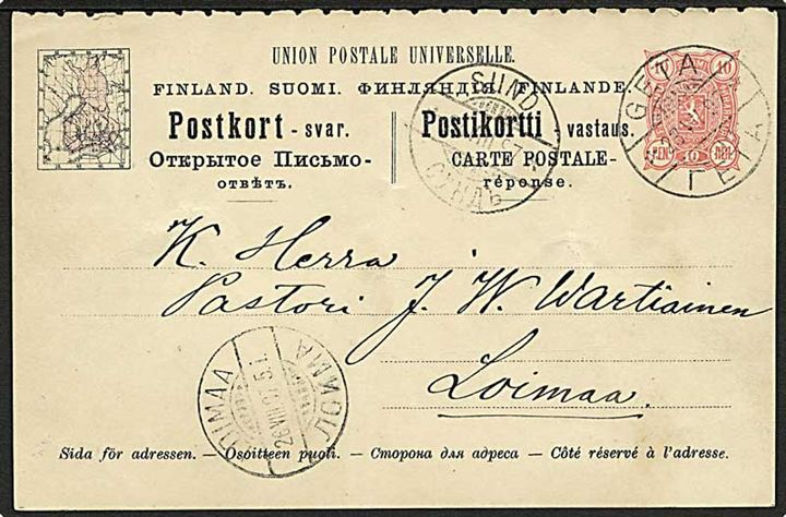 Åland. Finsk 10 pen. svardel af dobbelt helsagsbrevkort annulleret med 2-sproget stempel Geta d. 23.7.1897 via Sund til Loimaa.