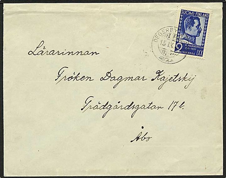 Åland. 2 mk. Mannerheim på brev stemplet Degerby Åland d. 15.9.1937 til Åbo.