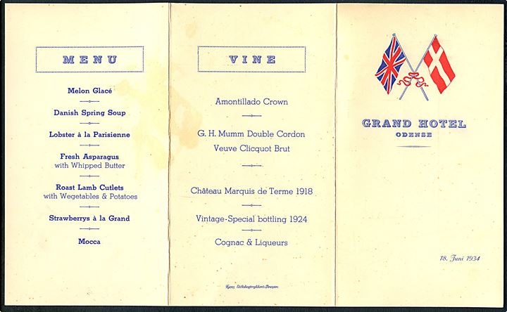 Odense, Grand Hotel. Menukort og invitation til den britiske vice-konsul Th. Muus's middag d. 18.6.1934.