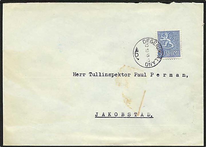 Åland. Finsk 30 pen. Løve udg. på brev stemplet Degerby Åland d. 12.10.1959 til Jakobstad.