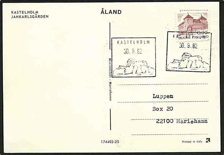 Åland. Finsk 0,90 mk. på brevkort annulleret med særstempel Kastelholm d. 30.9.1982 til Mariehamn.