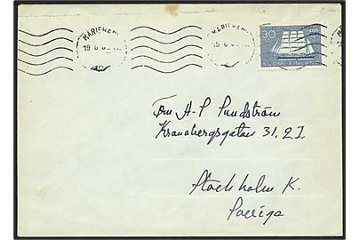 Åland. 30 pen. Mariehamn single på brev annulleret med maskinstempel Mariehamn d. 19.6.1961 til Stockholm, Sverige.