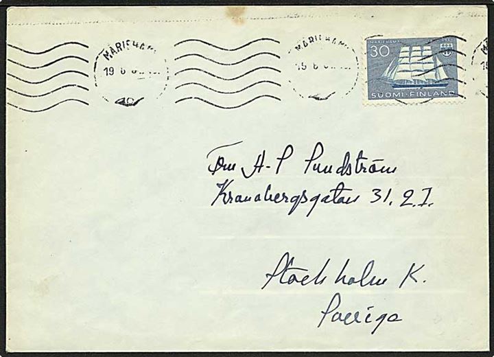 Åland. 30 pen. Mariehamn single på brev annulleret med maskinstempel Mariehamn d. 19.6.1961 til Stockholm, Sverige.
