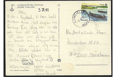 Åland. Finsk 1,10 mk. Europa mærke på brevkort stemplet Jurmo-Åland d. 6.7.1981 til Mariehamn.