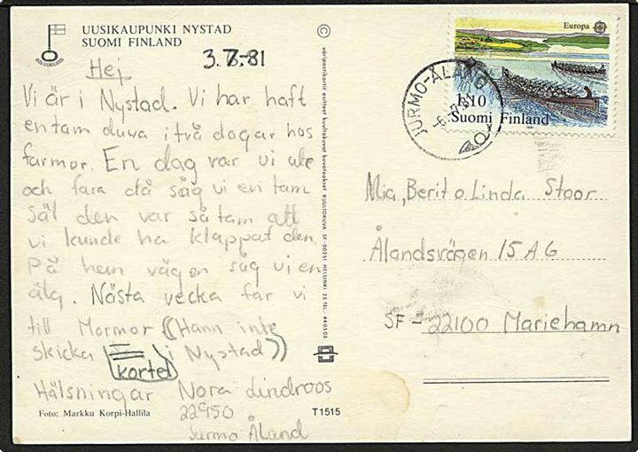 Åland. Finsk 1,10 mk. Europa mærke på brevkort stemplet Jurmo-Åland d. 6.7.1981 til Mariehamn.