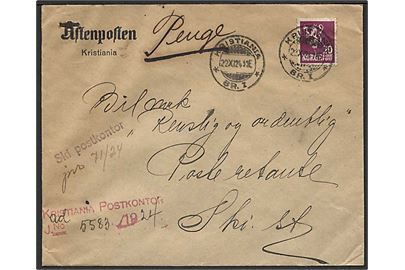 20 øre Løve på brev fra Kristiania d. 22.11.1924 til Ski. Påskrevet Penge med div. stempler fra Kristiania og Ski postkontor.