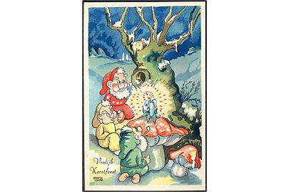 Greetje Kroone: Vrolijk Kerstfeest (God Jul). Nisser omkring lys på svampen. U/no. 