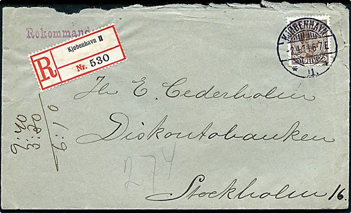 25 øre Chr. X single på anbefalet brev fra Kjøbenhavn d. 2.4.1914 til Stockholm, Sverige.