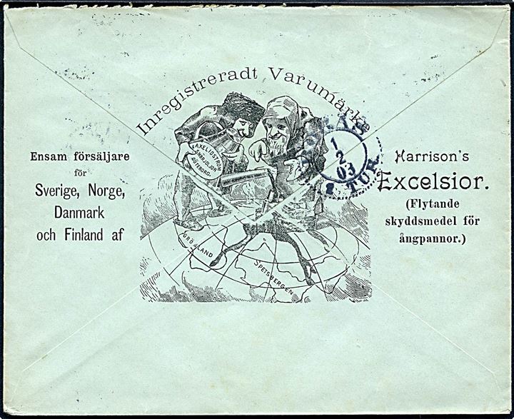 10 öre Oscar på illustreret firmakuvert fra Axel Idström i Göteborg d. 31.1.1903 til Borås. På bagsiden af illustration med Axel Idström's smöroljor på Nordpolen.