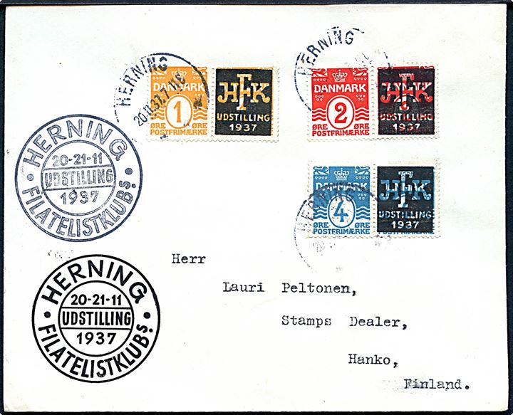 1 øre, 2 øre og 4 øre Bølgelinie i parstykker med privat tiltrykte udstillingsmærker HFK Udstilling 1937 på brev fra Herning Frimærkeklubs Udstilling d. 20.11.1937 til Hanko, Finland.