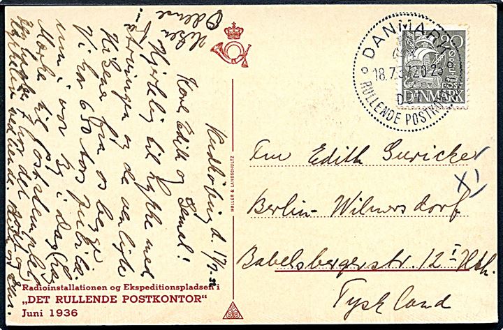 20 øre Karavel på brevkort annulleret med særstempel Danmark * Det Rullende Postkontor * d. 18.7.1937 til Berlin, Tyskland. Det rullende Postkontor var opstillet i Rudkøbing i dagene 16.-18.7.1937 i forbindelse med 650 års byjubilæum. 