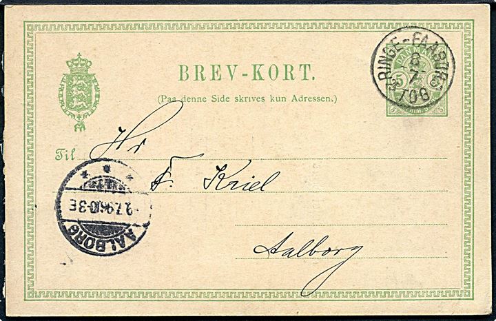 5 øre Våben helsagsbrevkort fra Faaborg annulleret med lapidar bureaustempel Ringe - Faaborg d. 8.7.1896 til Aalborg.