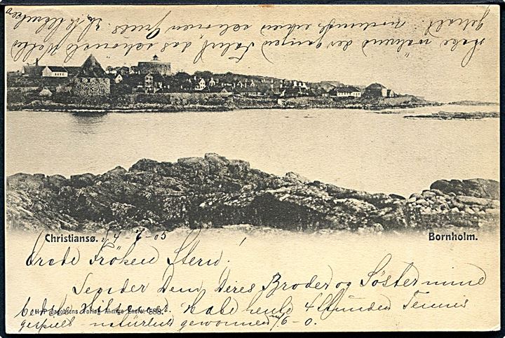 10 øre Chr. IX på brevkort (Christiansø, Bornholm) annulleret med lapidar Christiansø d. 4.7.1905 og sidestemplet Svaneke d. 4.7.1905 til Berlin, Tyskland.