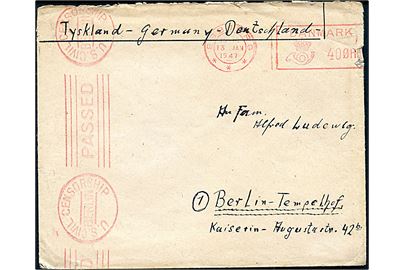 40 øre Posthusfranko fra Esbjerg d. 13.1.1947 på flygtningebrev fra Flygtningelejr Oxböl til Berlin, Tyskland. Passér stemplet ved den amerikanske efterkrigscensur i Berlin.