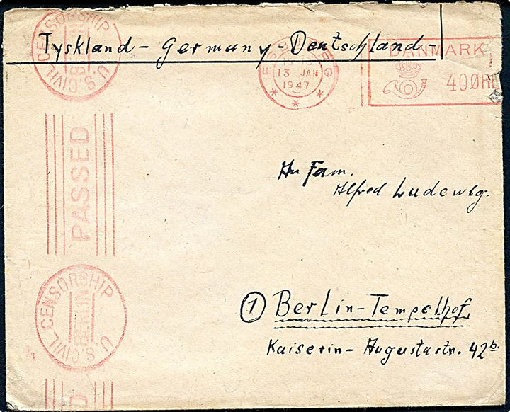 40 øre Posthusfranko fra Esbjerg d. 13.1.1947 på flygtningebrev fra Flygtningelejr Oxböl til Berlin, Tyskland. Passér stemplet ved den amerikanske efterkrigscensur i Berlin.