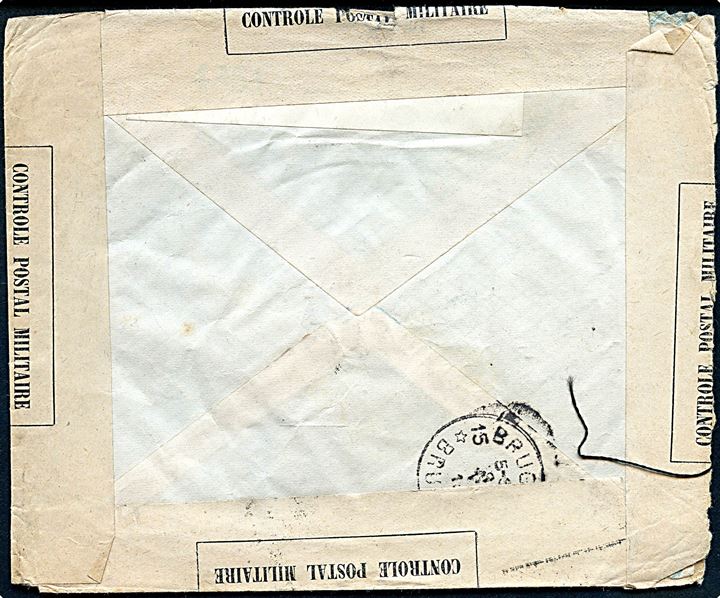 20 øre Chr. X single på brev fra Kjøbenhavn d. x.4.1919 til Brugg, Schweiz. Fejlsendt til Brigg i England og Brugge, Belgien. Dobbeltcensureret med både britisk og fransk censur.