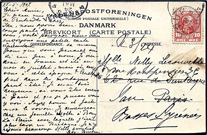 10 øre Chr. IX på brevkort (Frederikslund Godskontor) dateret d. 21.5.1907 annulleret med stjernestempel NAARUP (type II) til Paris, Frankrig - eftersendt til Pau.