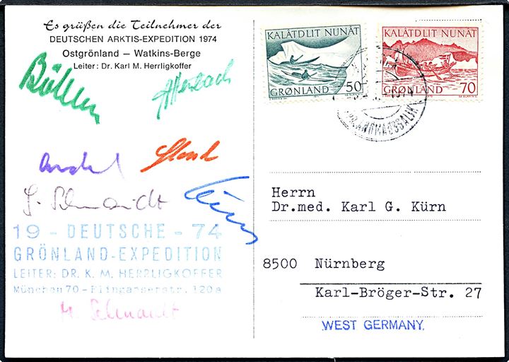50 øre og 70 øre Postbefordring på ekspeditions-brevkort (Deutschen Arktis-Expedition 1974) annulleret Kap Dan pr. Angmagssalik 1974 til Nürnberg, Tyskland. Ekspeditionsstempel og signatur fra ekspeditionsdeltagere.