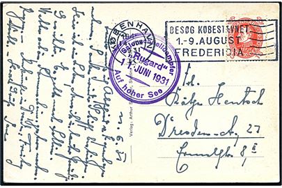 15 øre Chr. X 60 år på brevkort (Salon-Schnelldampfer Rugard) annulleret København d. 14.6.1931 og sidestemplet med privat skibsstempel: Salonschnelldampfer Rugard Auf hoher See d. 11.6.1931.