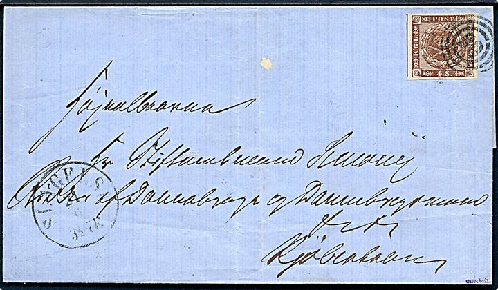 4 sk. 1858 udg. med usædvanlig bred rand på brev annulleret med nr.stempel 65 og sidestemplet antiqua Slagelse d. 21.6.18xx til Kjøbenhavn.