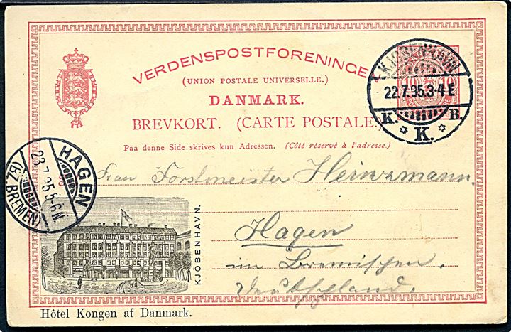 10 øre Våben helsagsbrevkort med privat tiltryk Hotel Kongen af Danmark fra Kjøbenhavn d. 22.7.1896 til Hagen, Tyskland.