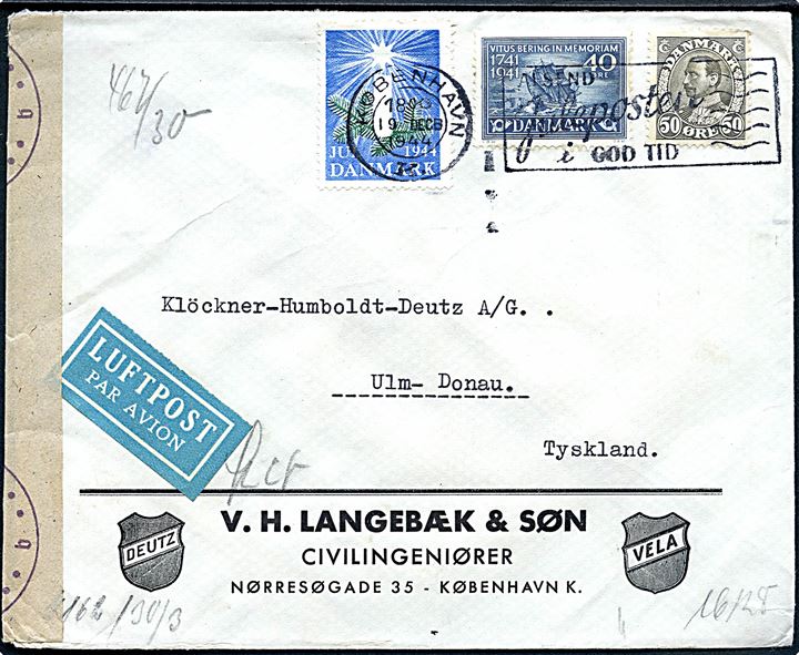 40 øre Vitus Bering og 50 øre Chr. X på luftpostbrev med Julemærke 1944 fra København d. 19.12.1944 til Ulm, Tyskland. Åbnet af tysk censur i Berlin.
